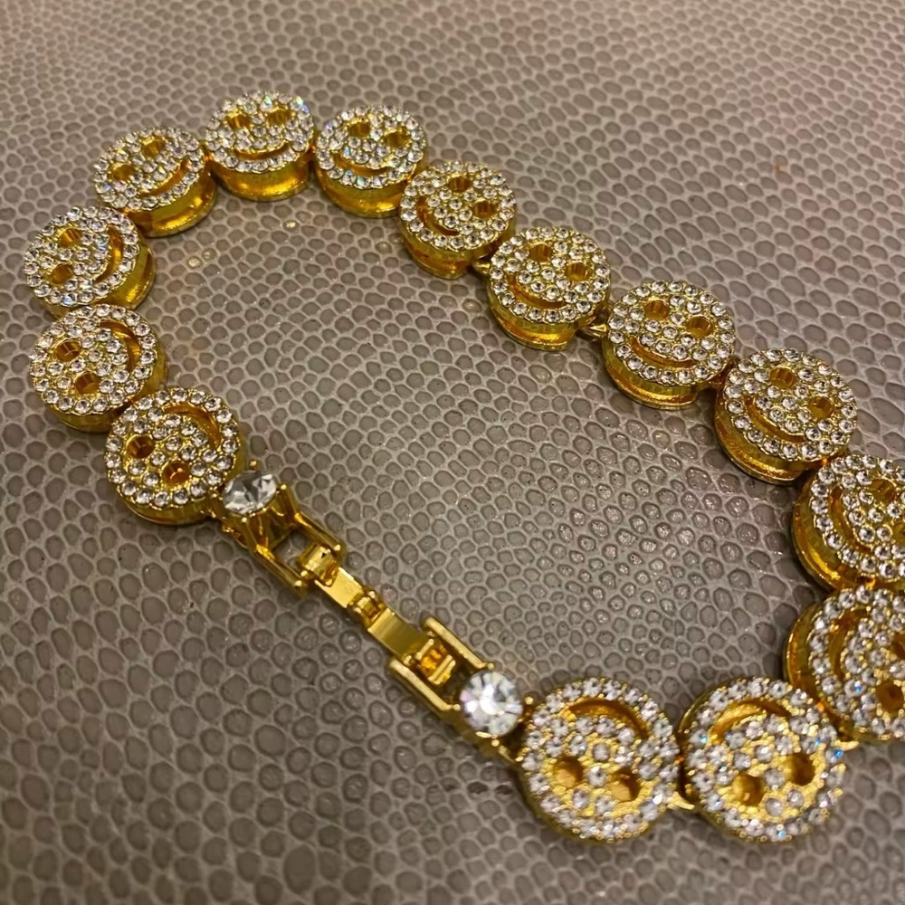 Gold Smiley Face Bracelet with Rhinestones - Picture 2 of 2
